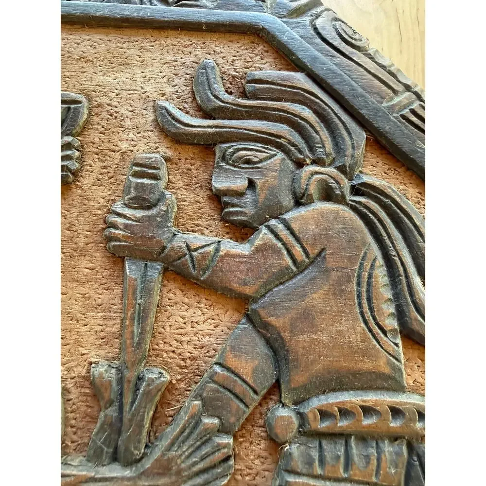 VINTAGE Guatemala Mayan Carved Wood Wall Plaque Folk Art 14.5 Hanging Decor Wall